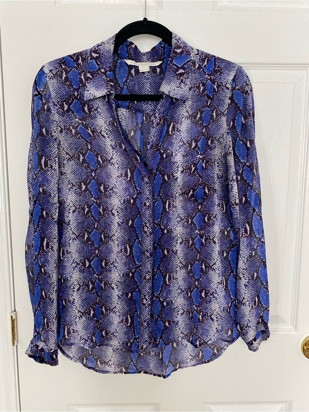 Diane Von Furstenberg Royal Blue Snake-Print Button Blouse